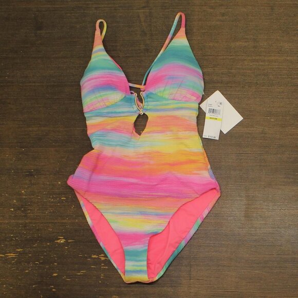 NWT Becca Keyhole Plunging Verano One Piece Swimsuit 151057 Multicolor Blue M - Picture 4 of 8